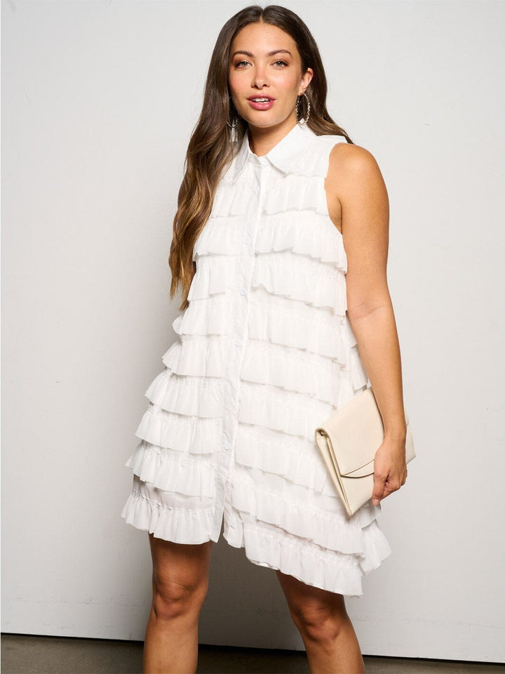 WOMEN'S SLEEVELESS BUTTON UP RUFFLE TIERED MINI DRESS
