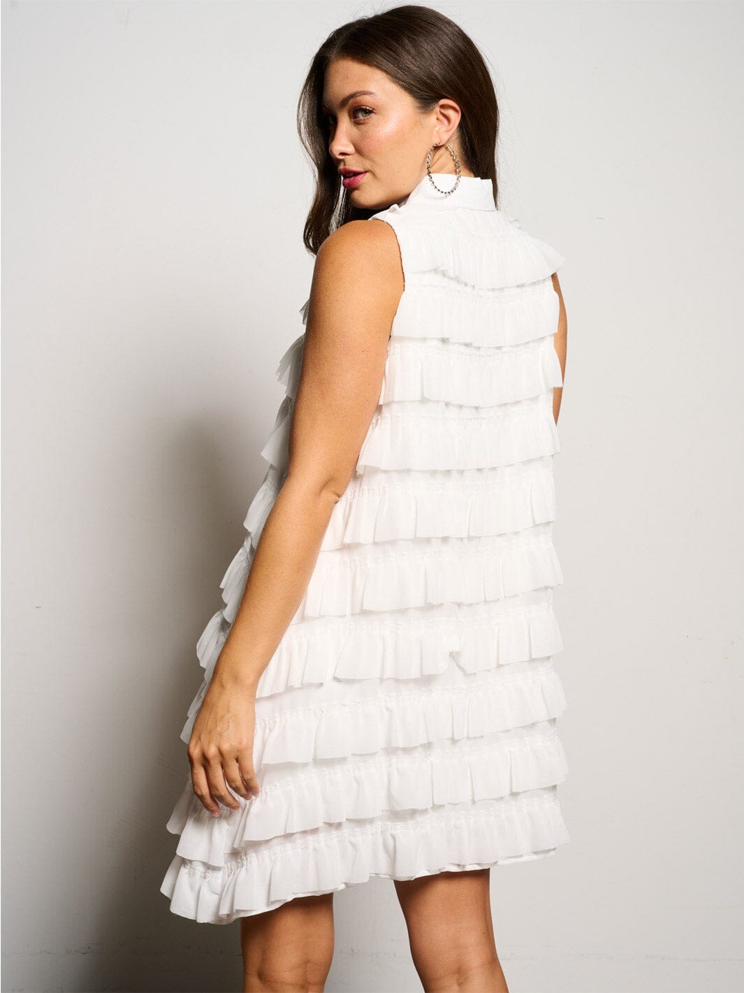 WOMEN'S SLEEVELESS BUTTON UP RUFFLE TIERED MINI DRESS