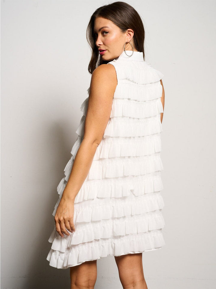 WOMEN'S SLEEVELESS BUTTON UP RUFFLE TIERED MINI DRESS