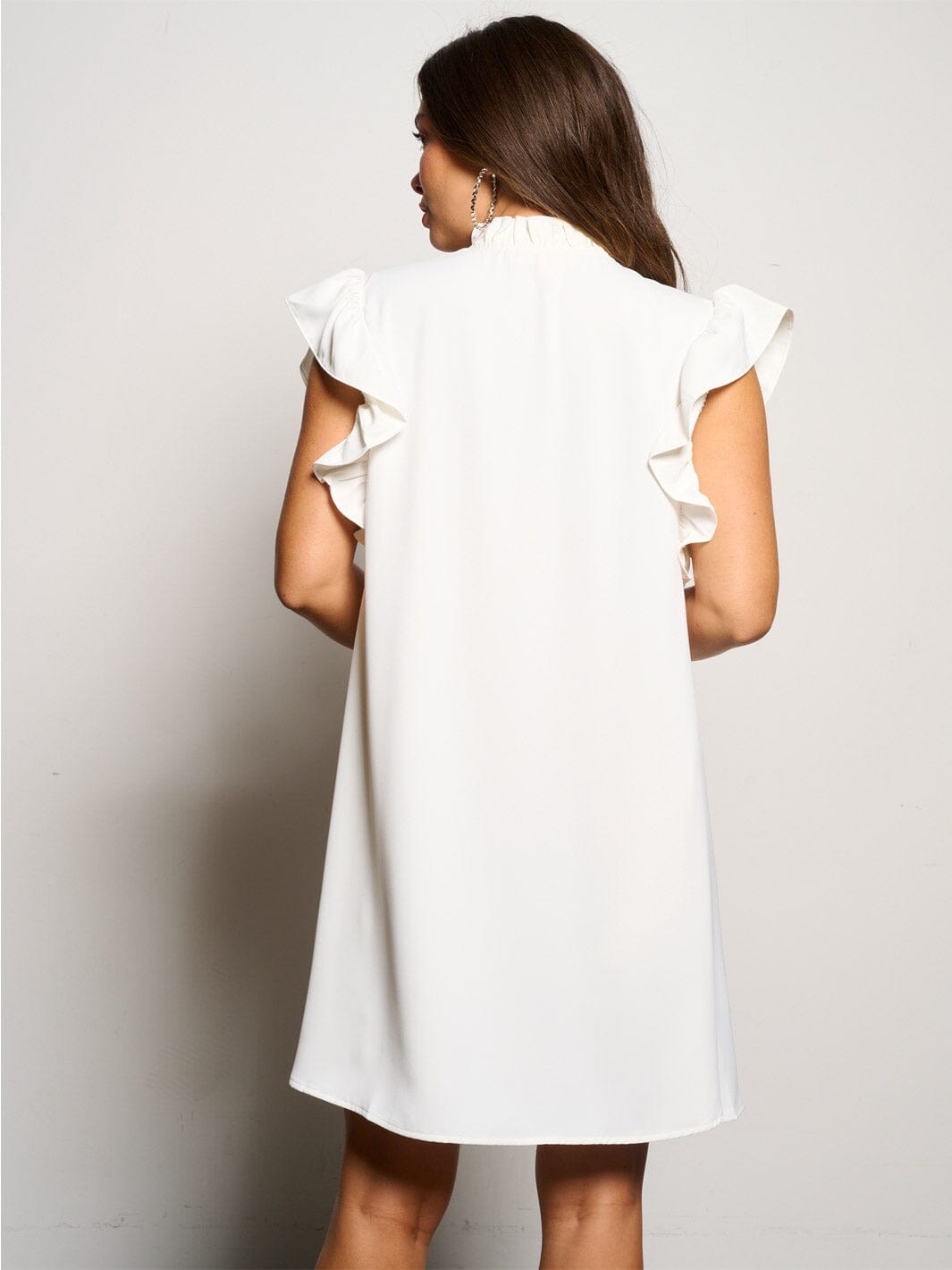 WOMEN'S RUFFLE SLEEVE BUTTON UP MOCK NECK POCKETS MINI DRESS