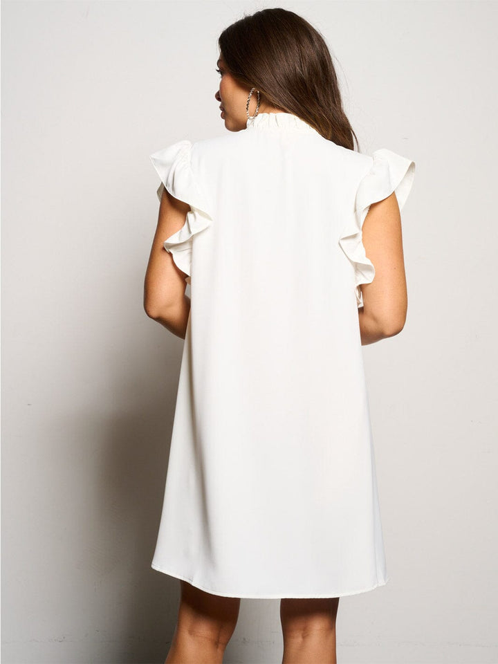 WOMEN'S RUFFLE SLEEVE BUTTON UP MOCK NECK POCKETS MINI DRESS