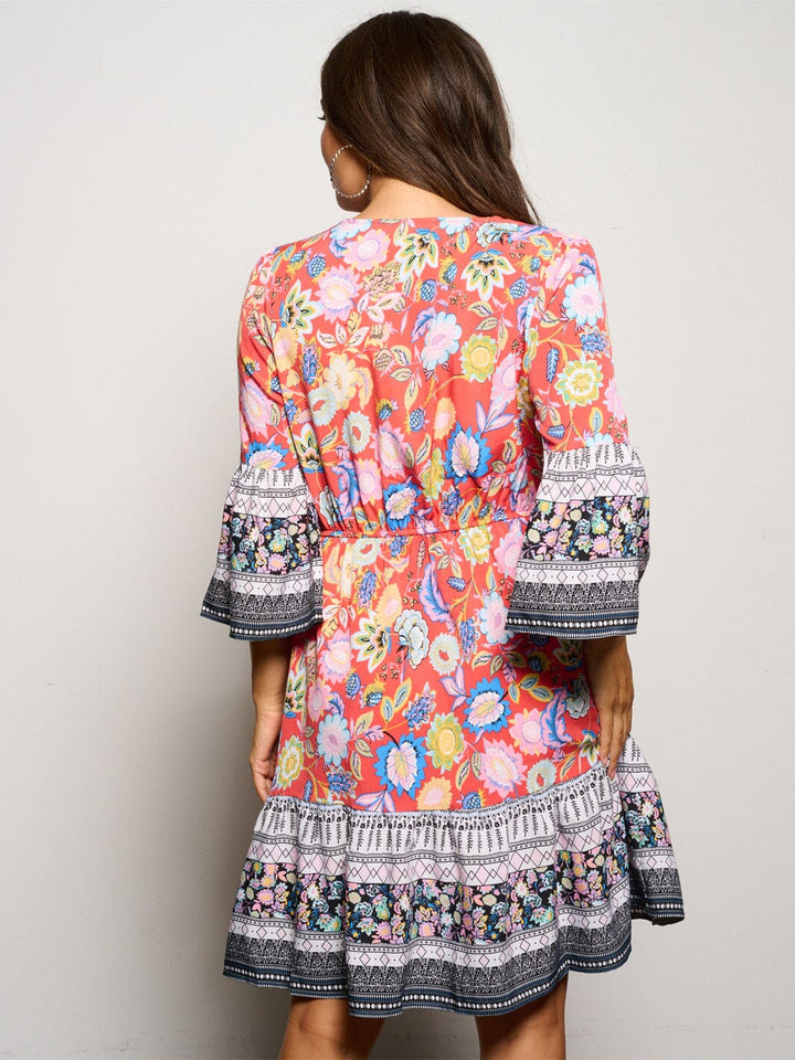 WOMEN'S 3/4 SLEEVE SELF TIE MULTI FLORAL MINI DRESS