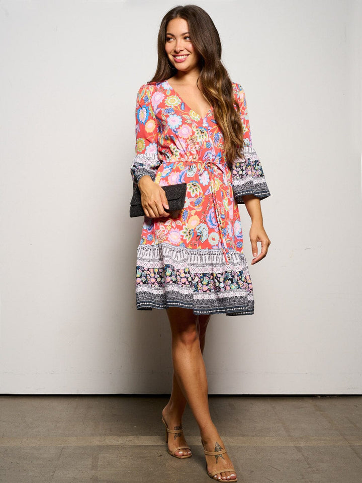 WOMEN'S 3/4 SLEEVE SELF TIE MULTI FLORAL MINI DRESS