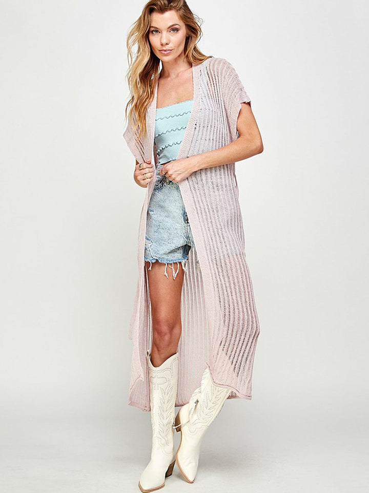 WOMEN'S SHORT SLEEVE SELF TIE OPEN FRONT KNIT CARDIGAN