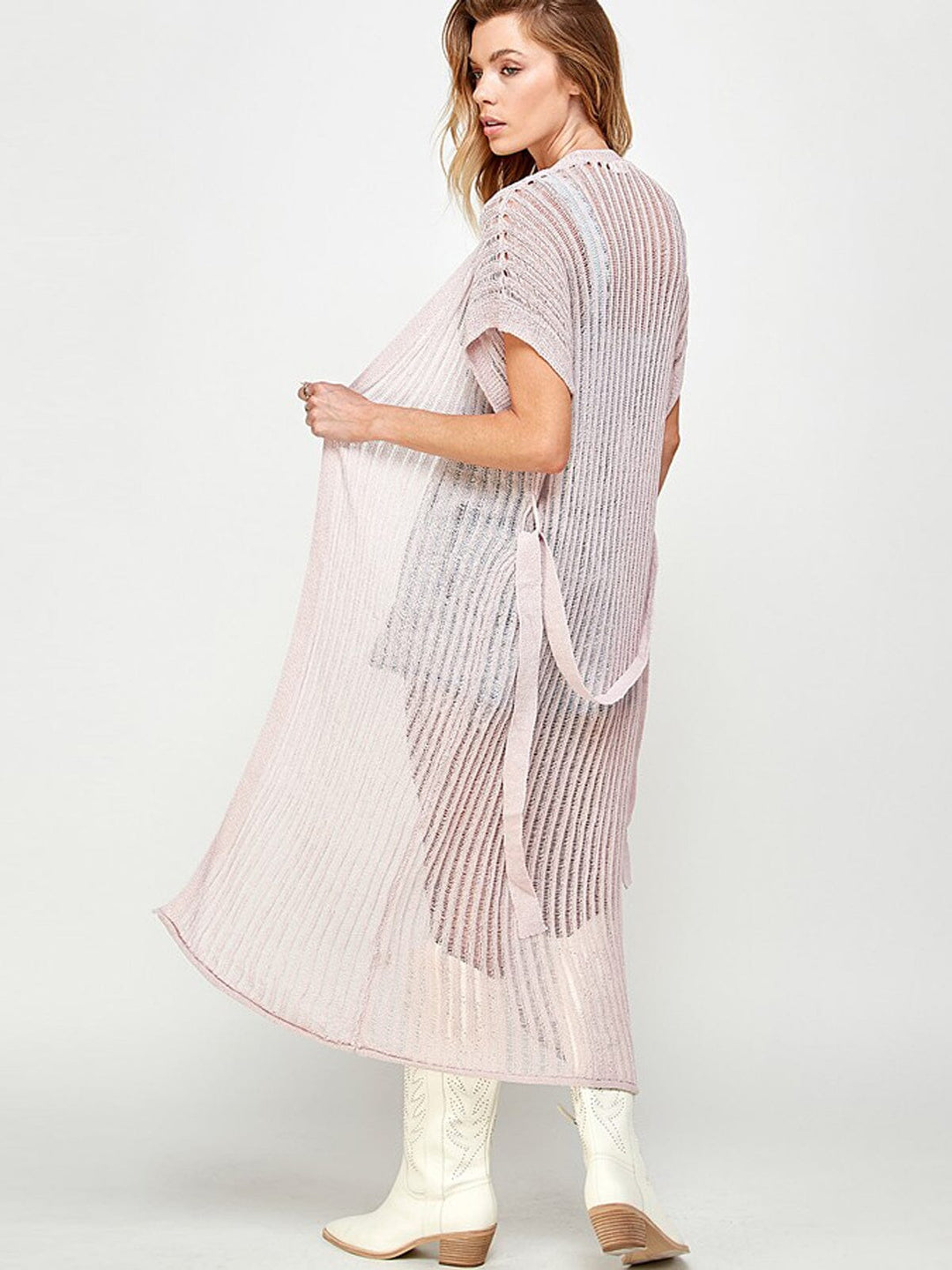 WOMEN'S SHORT SLEEVE SELF TIE OPEN FRONT KNIT CARDIGAN