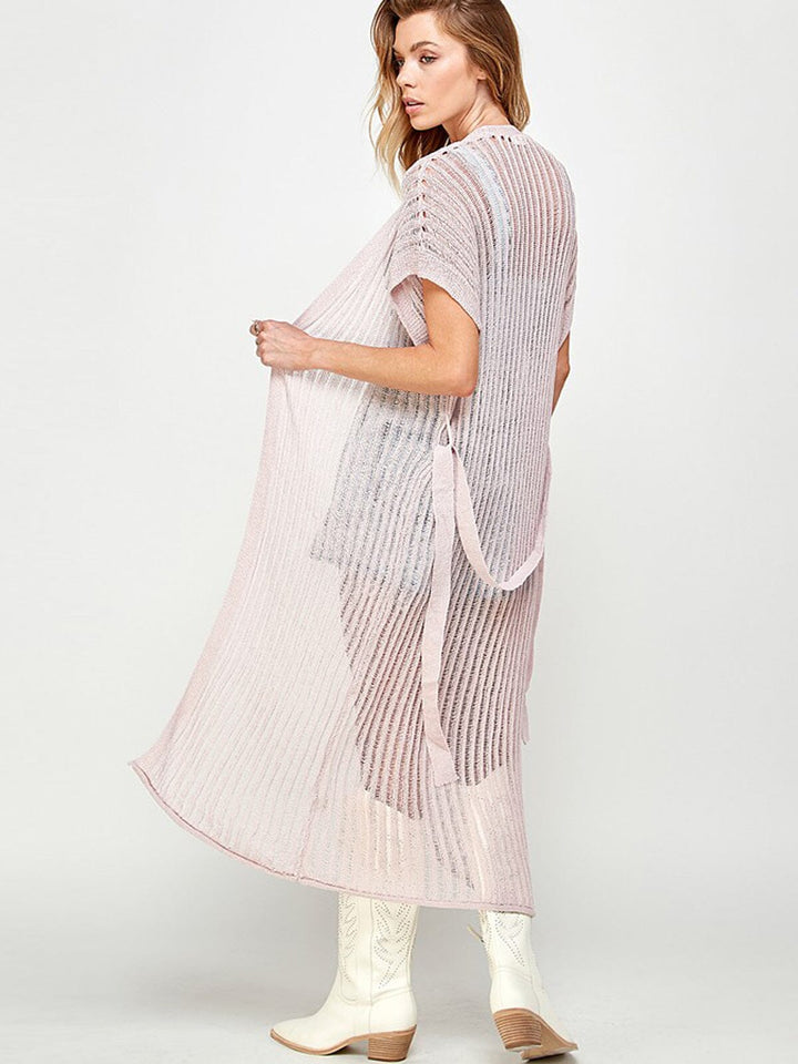 WOMEN'S SHORT SLEEVE SELF TIE OPEN FRONT KNIT CARDIGAN