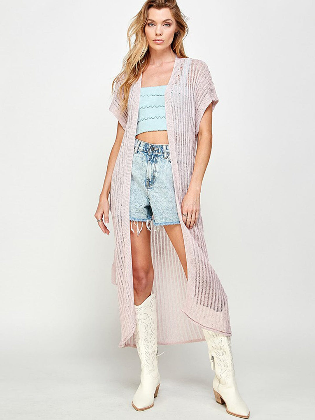 WOMEN'S SHORT SLEEVE SELF TIE OPEN FRONT KNIT CARDIGAN