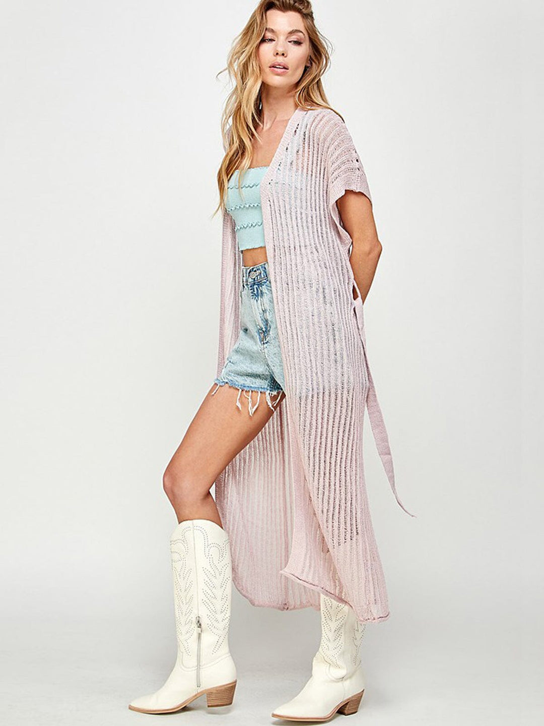 WOMEN'S SHORT SLEEVE SELF TIE OPEN FRONT KNIT CARDIGAN