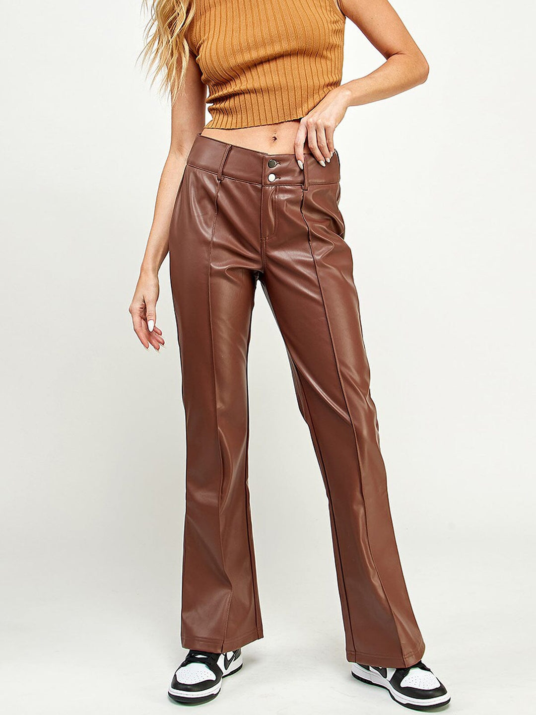 WOMEN'S BUTTON CLOSURE WIDE LEG PU PLEATHER PANTS