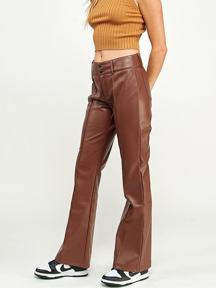 WOMEN'S BUTTON CLOSURE WIDE LEG PU PLEATHER PANTS