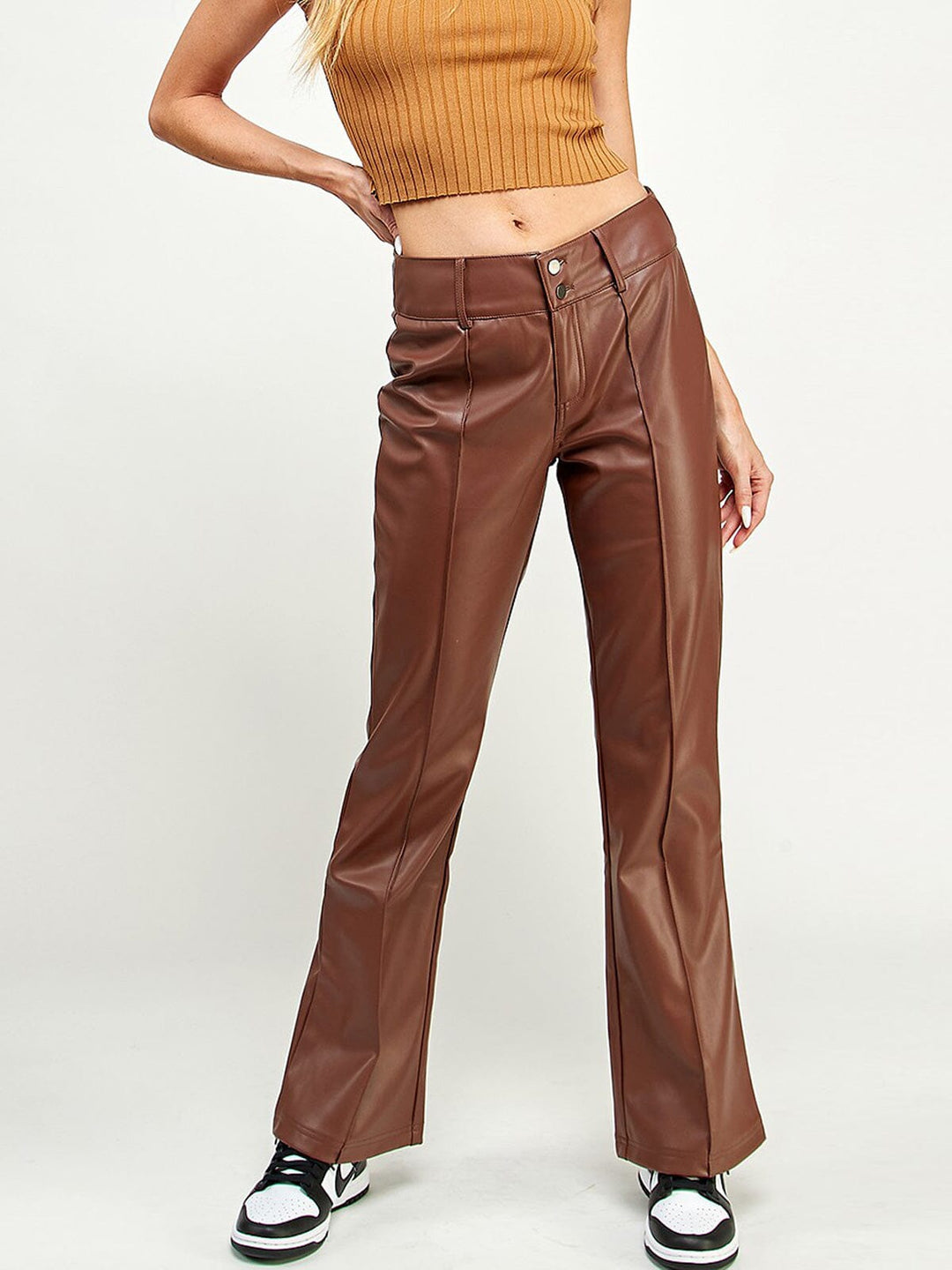 WOMEN'S BUTTON CLOSURE WIDE LEG PU PLEATHER PANTS