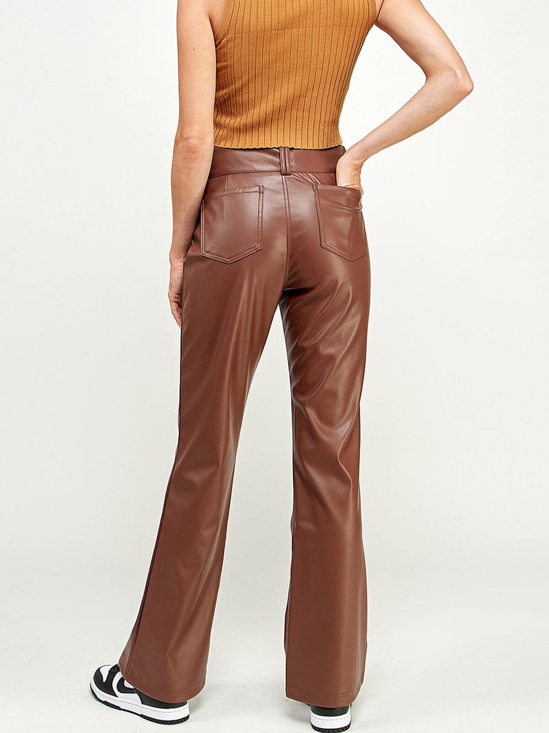 WOMEN'S BUTTON CLOSURE WIDE LEG PU PLEATHER PANTS