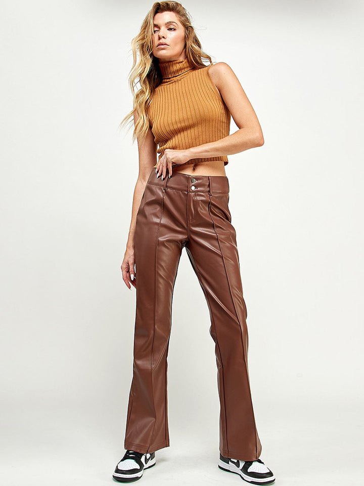 WOMEN'S BUTTON CLOSURE WIDE LEG PU PLEATHER PANTS