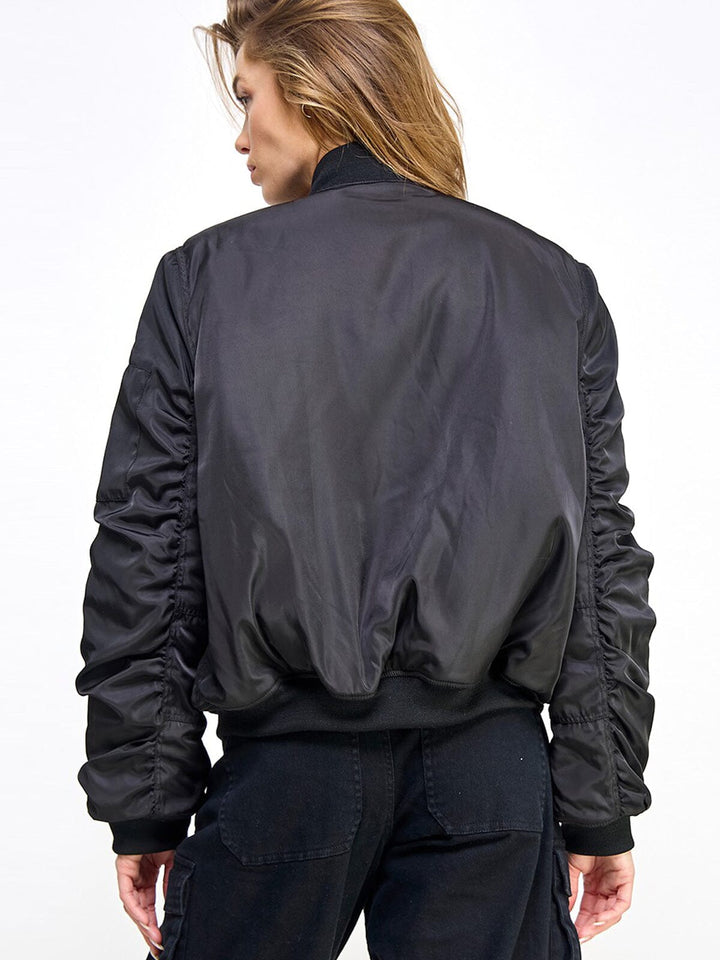 WOMEN'S LONG RUCHED SLEEVE ZIP UP POCKETS BOMBER JACKET
