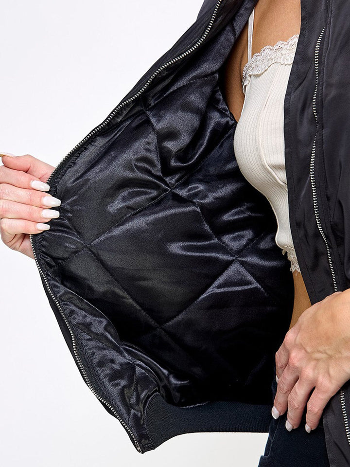 WOMEN'S LONG RUCHED SLEEVE ZIP UP POCKETS BOMBER JACKET