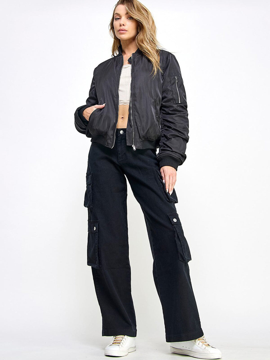 WOMEN'S LONG RUCHED SLEEVE ZIP UP POCKETS BOMBER JACKET