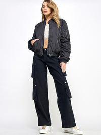 WOMEN'S LONG RUCHED SLEEVE ZIP UP POCKETS BOMBER JACKET