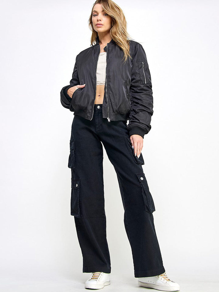 WOMEN'S LONG RUCHED SLEEVE ZIP UP POCKETS BOMBER JACKET