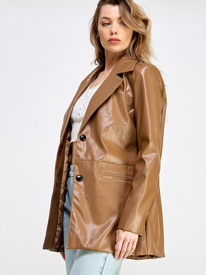 WOMEN'S LONG SLEEVE BUTTON CLOSURE POCKETS PU PLEATHER JACKET