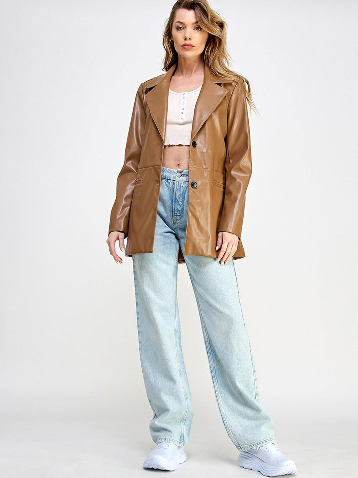 WOMEN'S LONG SLEEVE BUTTON CLOSURE POCKETS PU PLEATHER JACKET