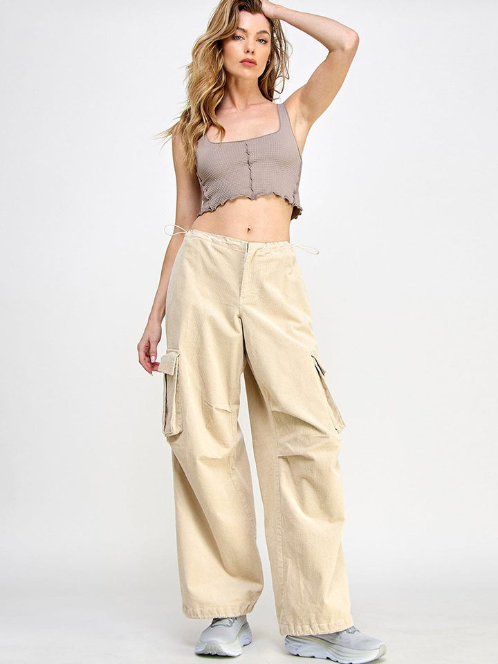 WOMEN'S ZIP UP CARGO POCKETS WIDE LEG CORDUROY PANTS
