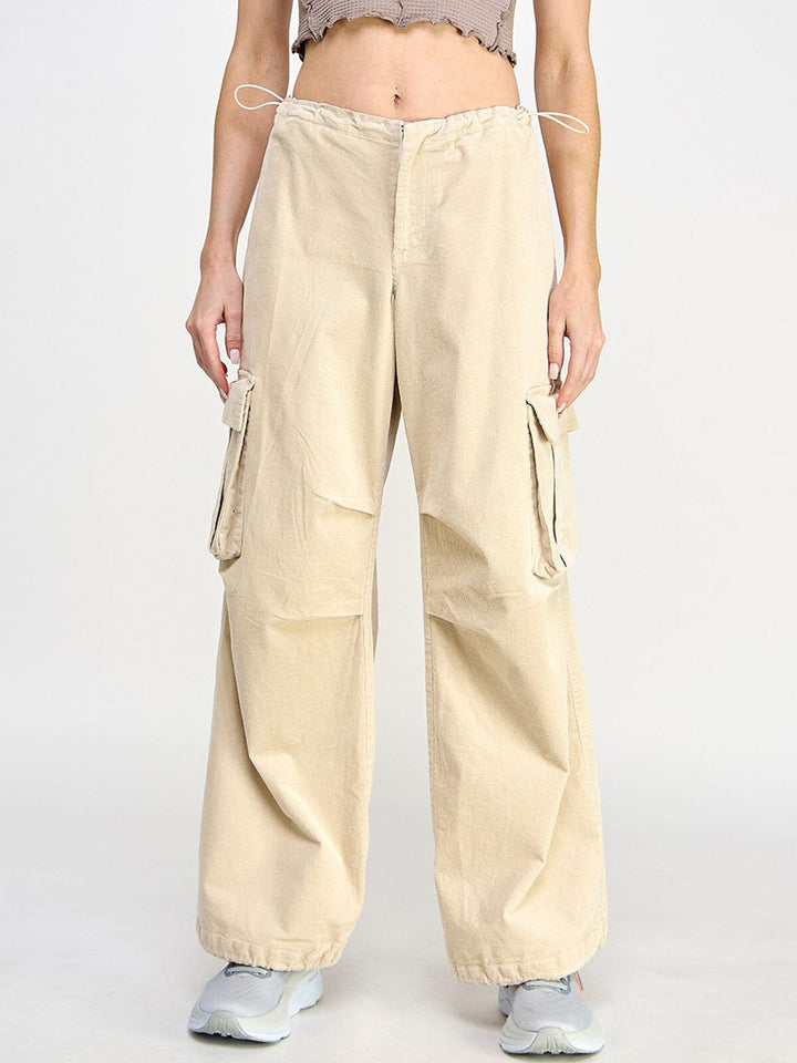 WOMEN'S ZIP UP CARGO POCKETS WIDE LEG CORDUROY PANTS