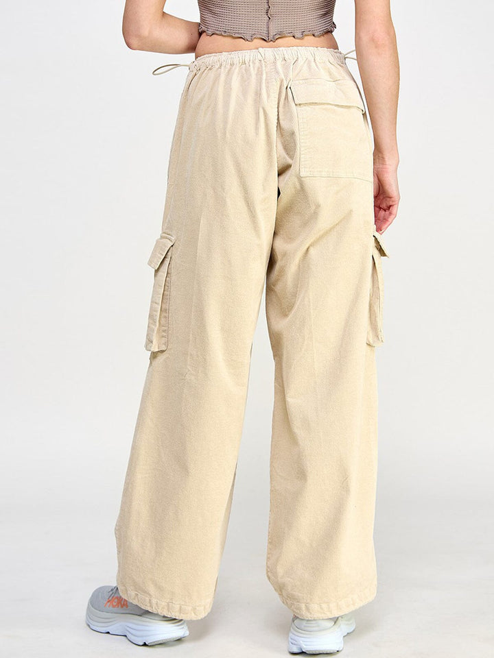 WOMEN'S ZIP UP CARGO POCKETS WIDE LEG CORDUROY PANTS