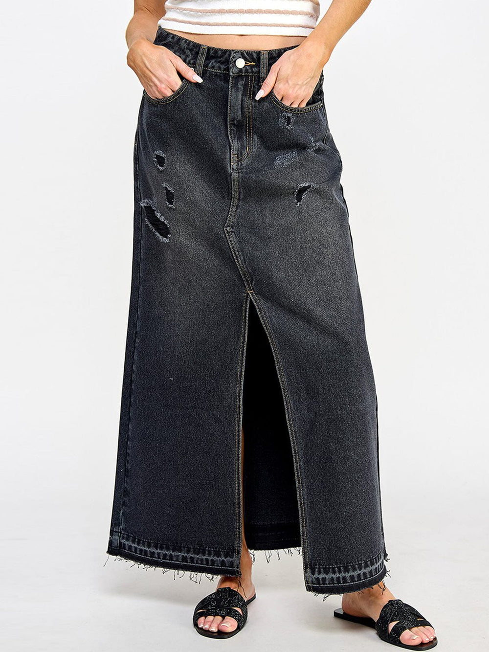 WOMEN'S BUTTON CLOSURE POCKETS FRONT SLIT DENIM MAXI SKIRT