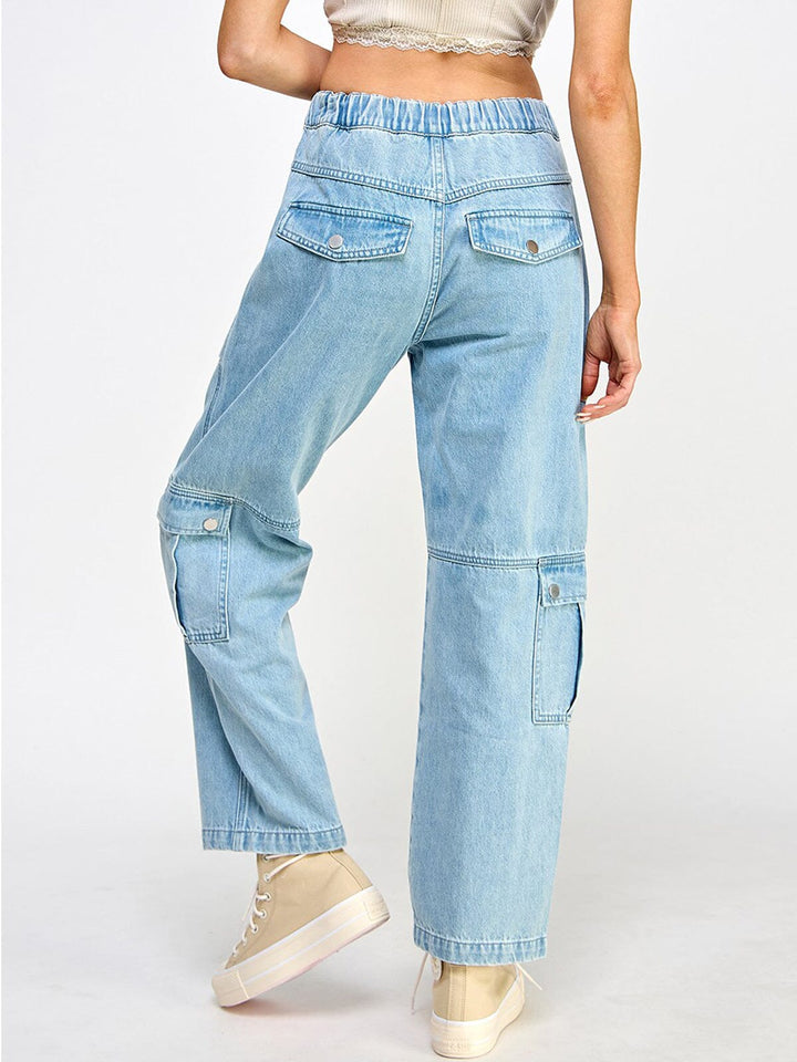 WOMEN'S BUTTON CLOSURE POCKETS WIDE LEG DENIM PANTS