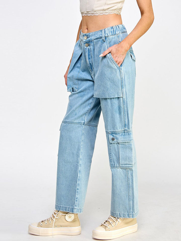 WOMEN'S BUTTON CLOSURE POCKETS WIDE LEG DENIM PANTS