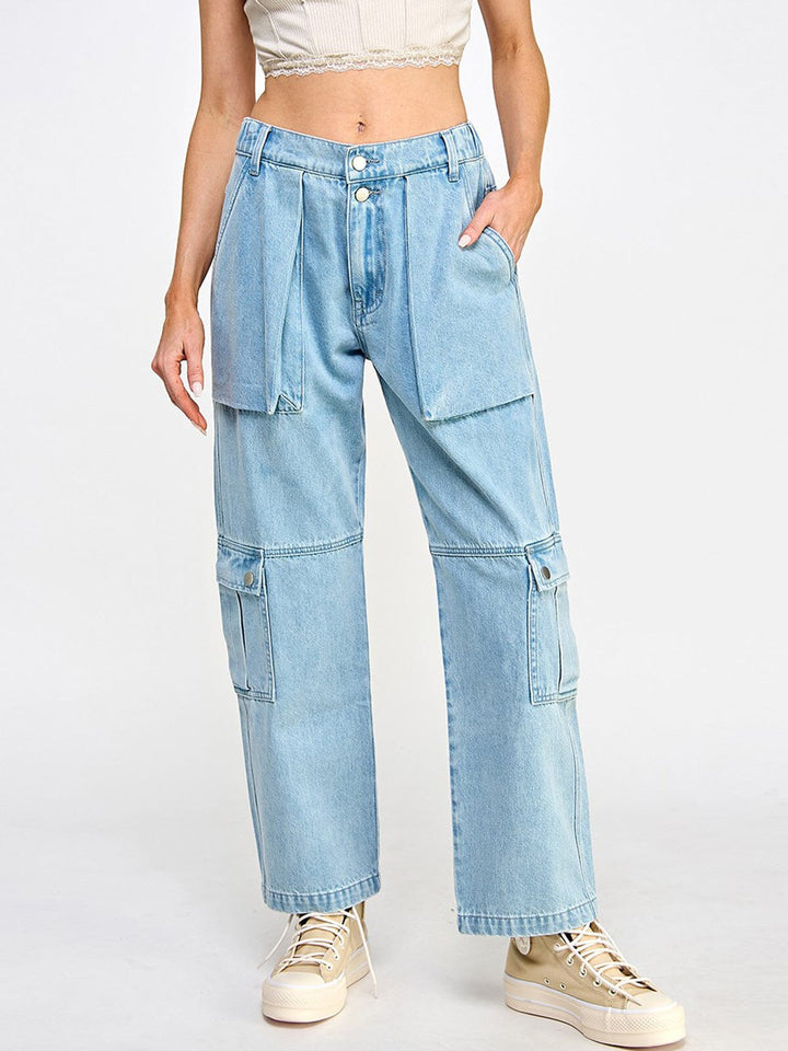 WOMEN'S BUTTON CLOSURE POCKETS WIDE LEG DENIM PANTS