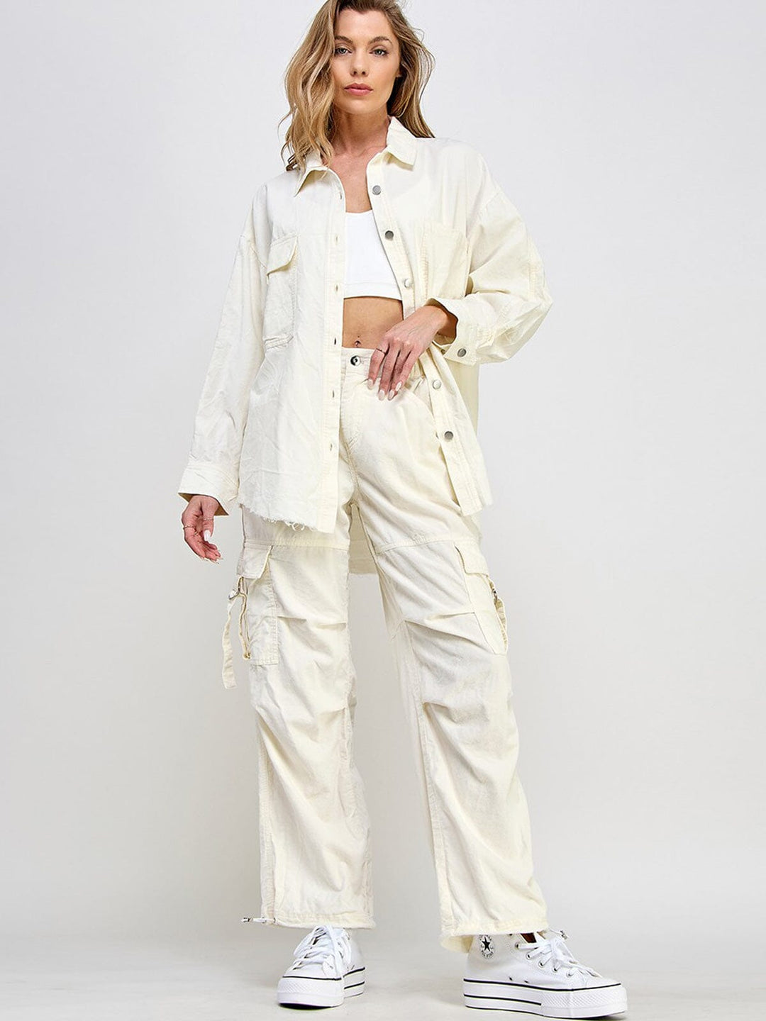 WOMEN'S LONG SLEEVE BUTTON UP POCKETS OVERSIZED TOP