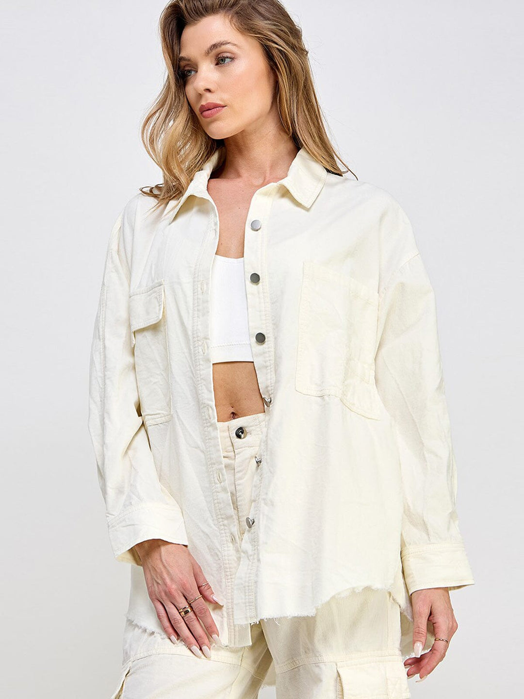 WOMEN'S LONG SLEEVE BUTTON UP POCKETS OVERSIZED TOP