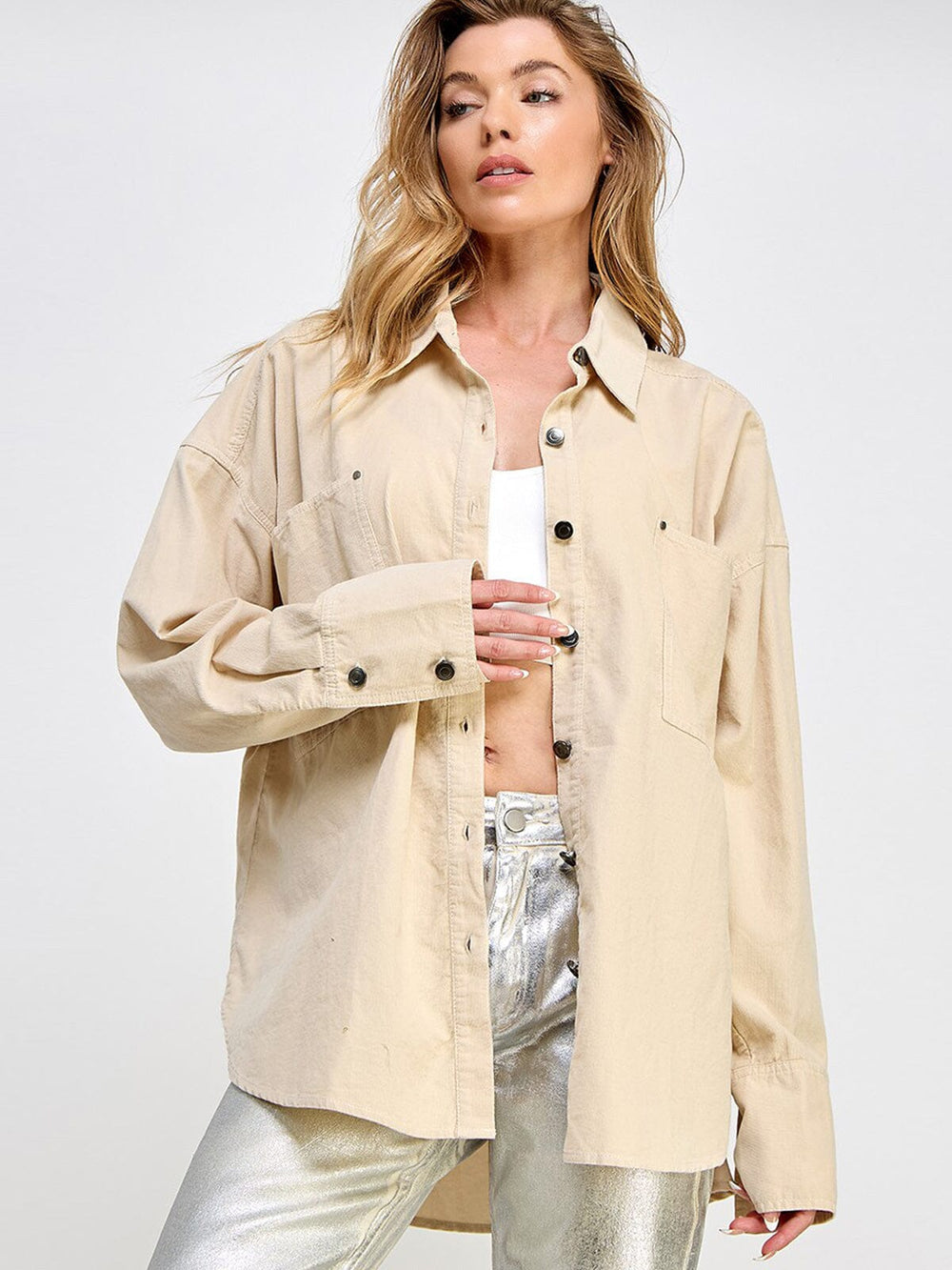 WOMEN'S LONG SLEEVE BUTTON UP POCKETS OVERSIZED TOP