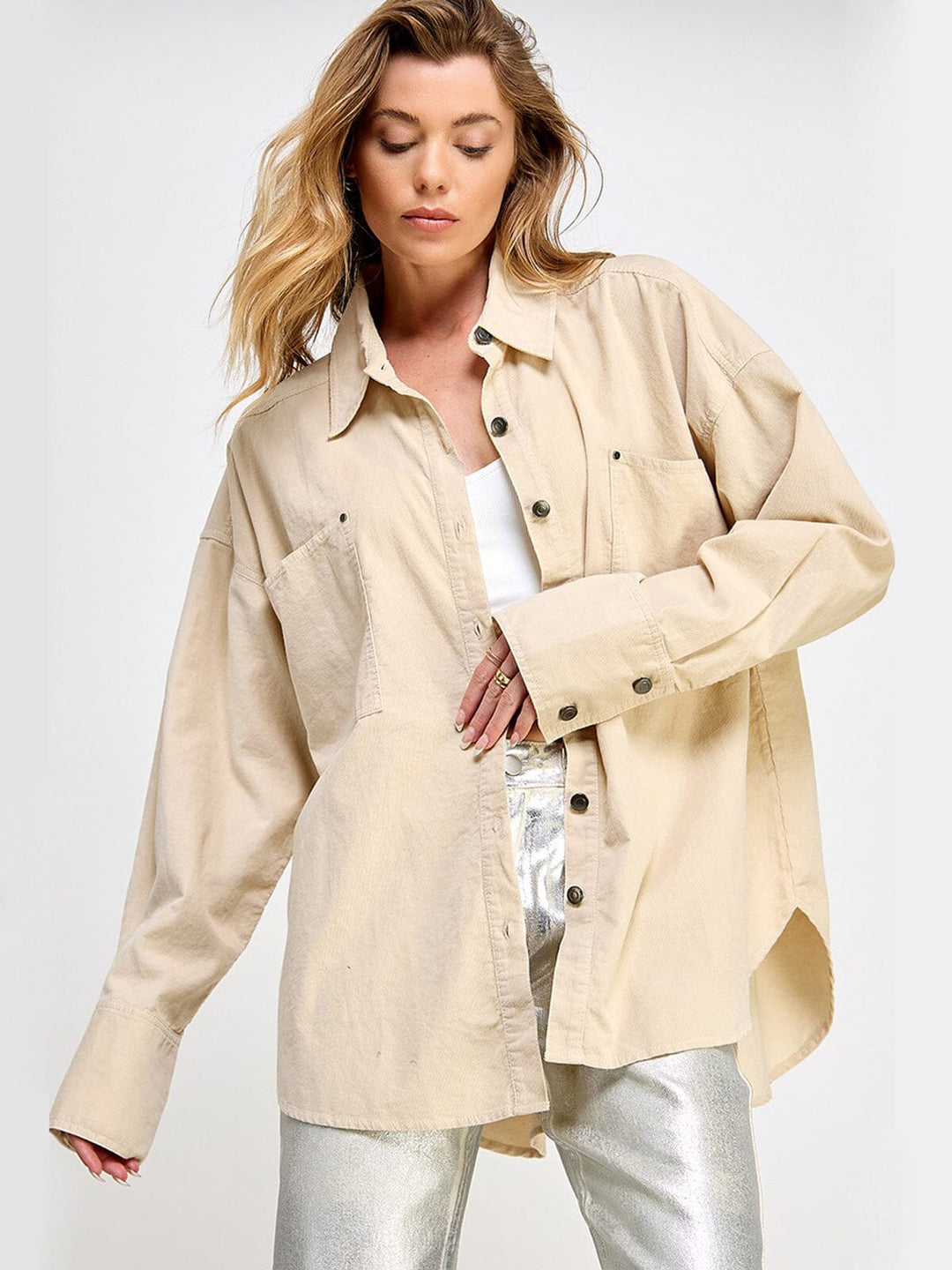 WOMEN'S LONG SLEEVE BUTTON UP POCKETS OVERSIZED TOP