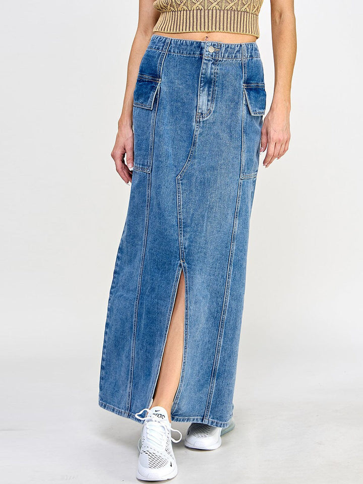 WOMEN'S BUTTON CLOSURE POCKETS FRONT SLIT DENIM MAXI SKIRT