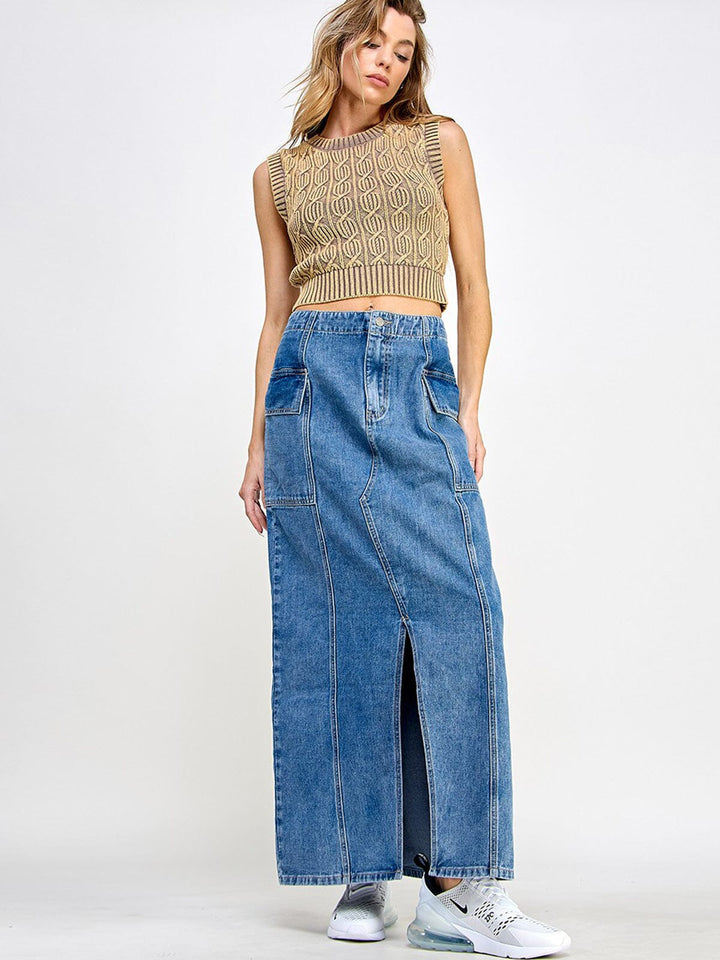 WOMEN'S BUTTON CLOSURE POCKETS FRONT SLIT DENIM MAXI SKIRT