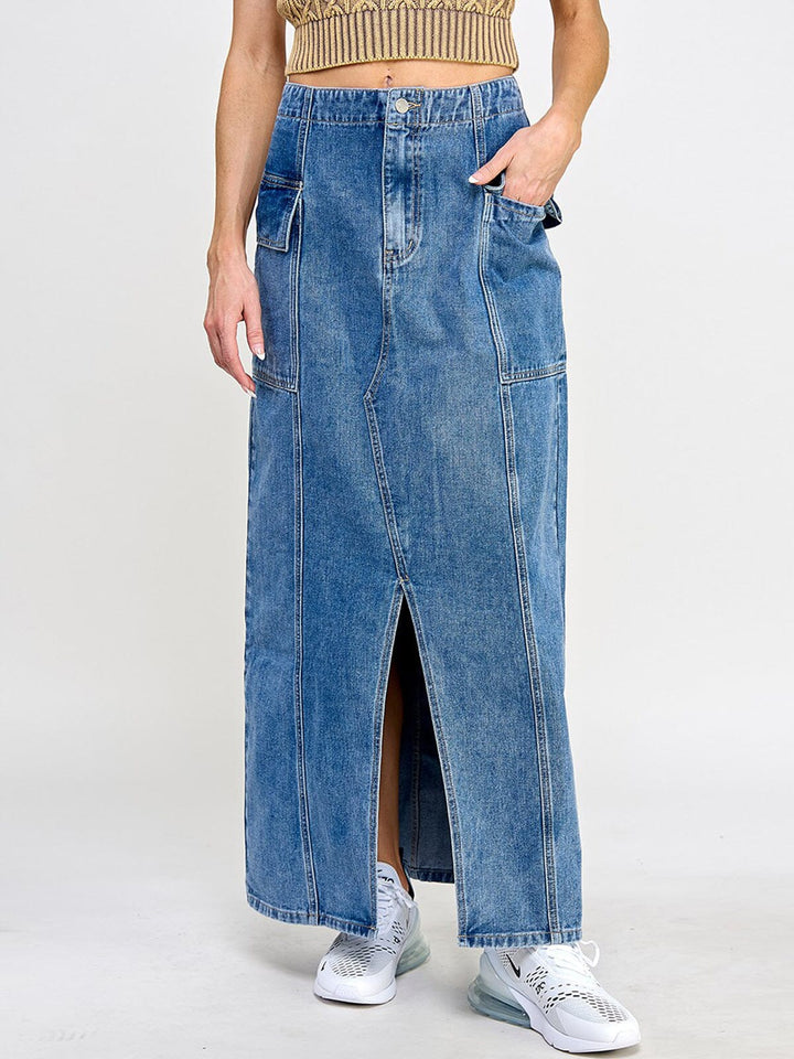 WOMEN'S BUTTON CLOSURE POCKETS FRONT SLIT DENIM MAXI SKIRT