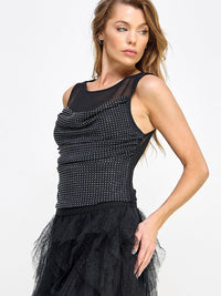 WOMEN'S SLEEVELESS MESH STUDS COWL NECK BLOUSE TANK TOP