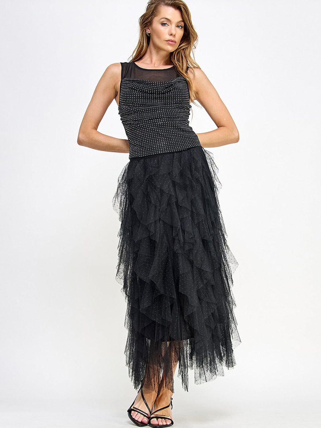 WOMEN'S SLEEVELESS MESH STUDS COWL NECK BLOUSE TANK TOP