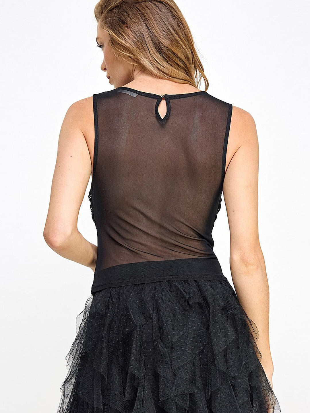 WOMEN'S SLEEVELESS MESH STUDS COWL NECK BLOUSE TANK TOP