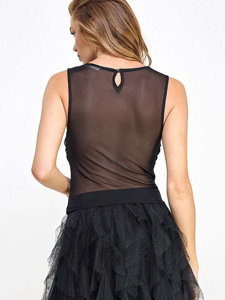 WOMEN'S SLEEVELESS MESH STUDS COWL NECK BLOUSE TANK TOP