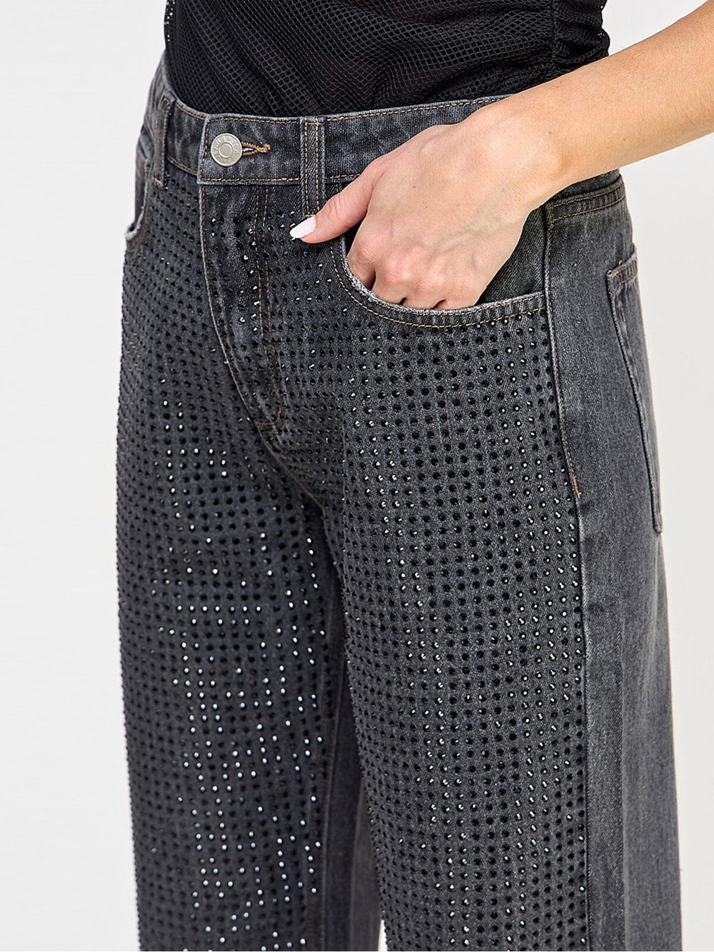 WOMEN'S BUTTON CLOSURE POCKETS WIDE LEG DENIM STUDS PANTS
