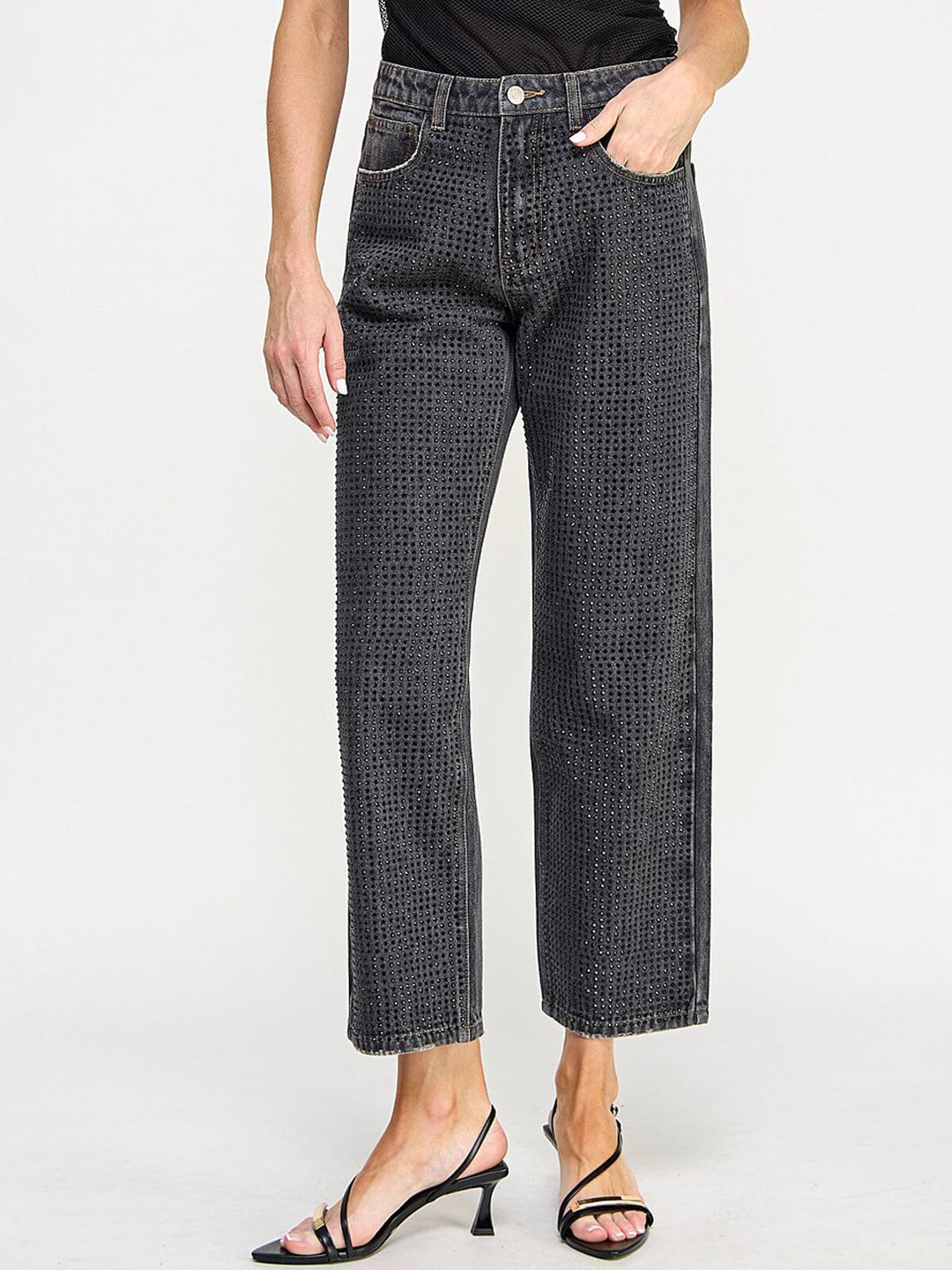 WOMEN'S BUTTON CLOSURE POCKETS WIDE LEG DENIM STUDS PANTS
