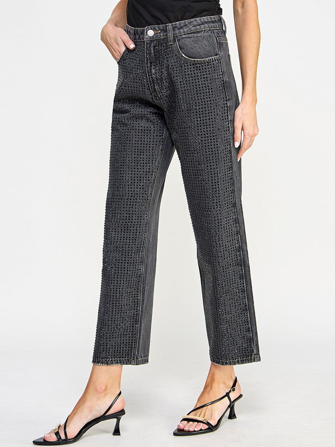 WOMEN'S BUTTON CLOSURE POCKETS WIDE LEG DENIM STUDS PANTS