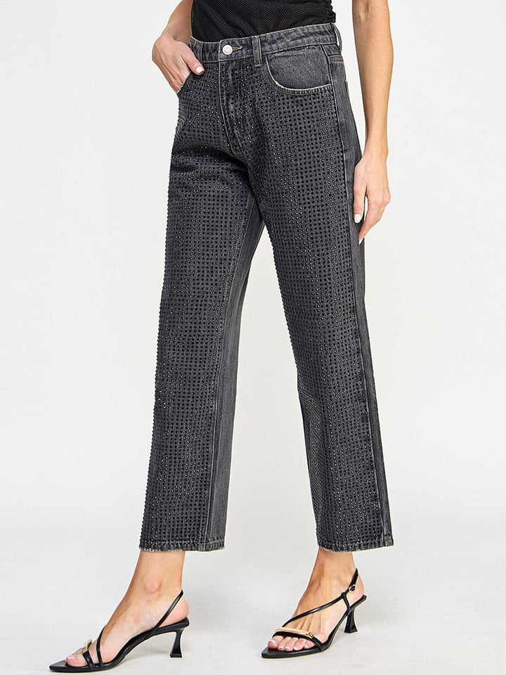WOMEN'S BUTTON CLOSURE POCKETS WIDE LEG DENIM STUDS PANTS