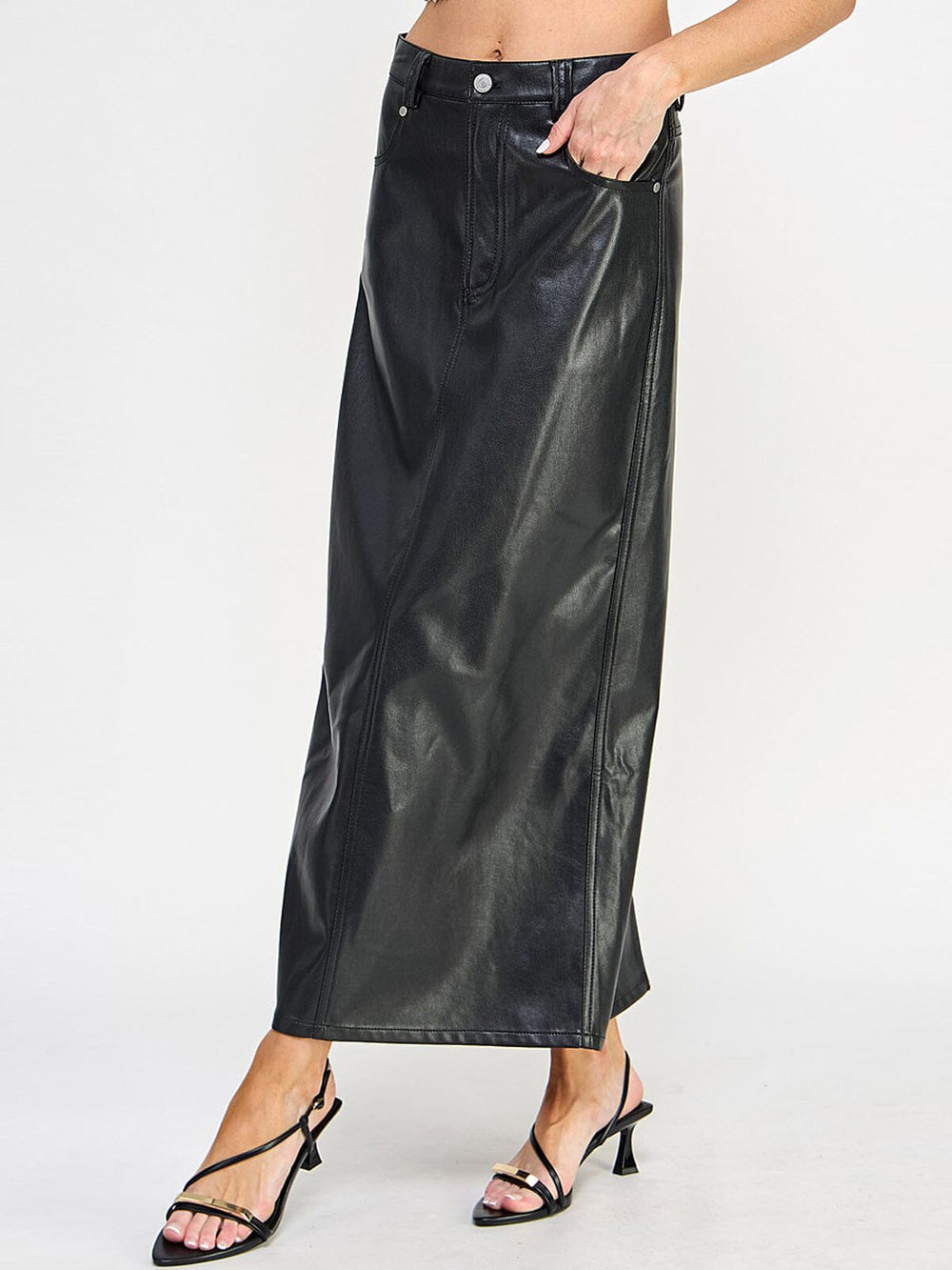 WOMEN'S BUTTON CLOSURE POCKETS FRONT SLIT PU PLEATHER MAXI SKIRT
