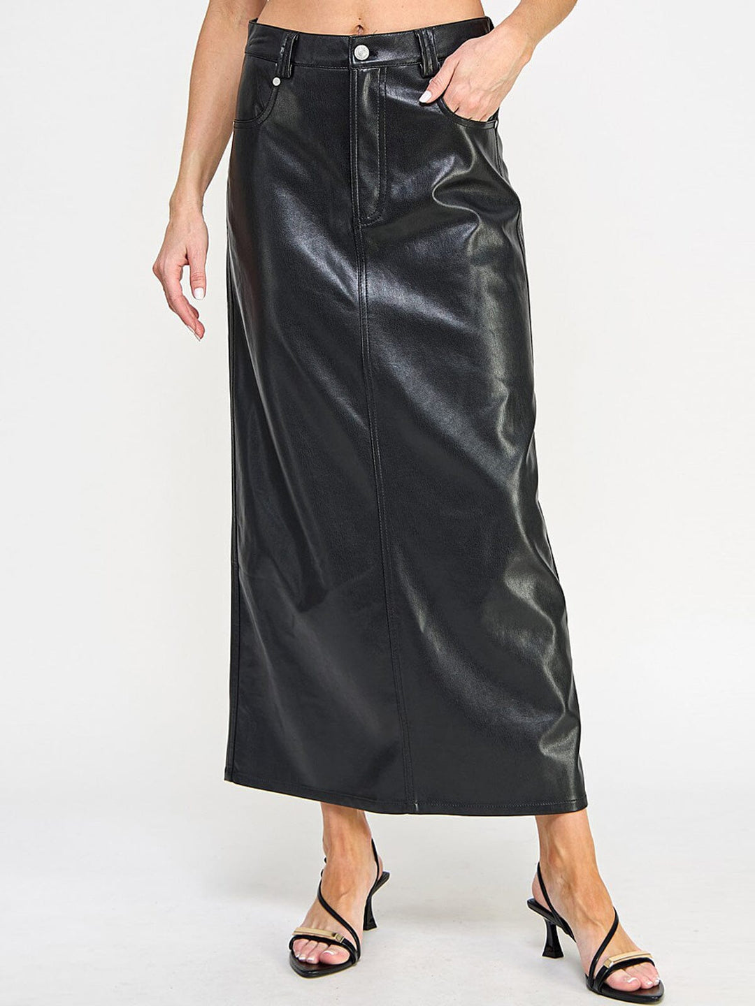 WOMEN'S BUTTON CLOSURE POCKETS FRONT SLIT PU PLEATHER MAXI SKIRT