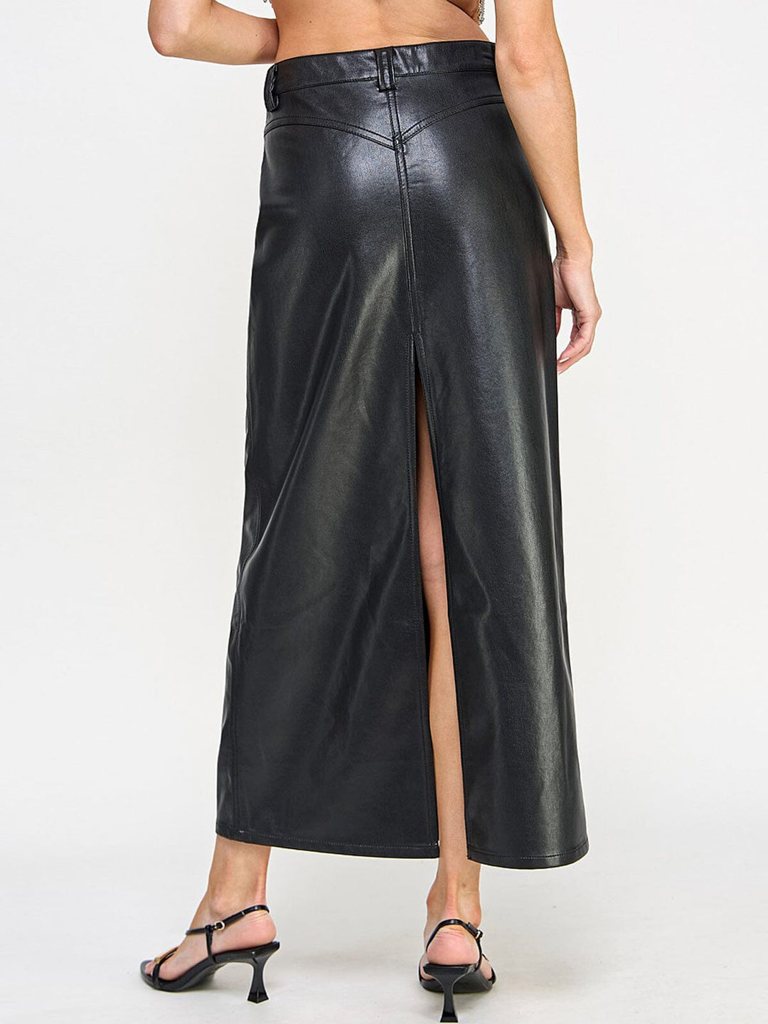 WOMEN'S BUTTON CLOSURE POCKETS FRONT SLIT PU PLEATHER MAXI SKIRT