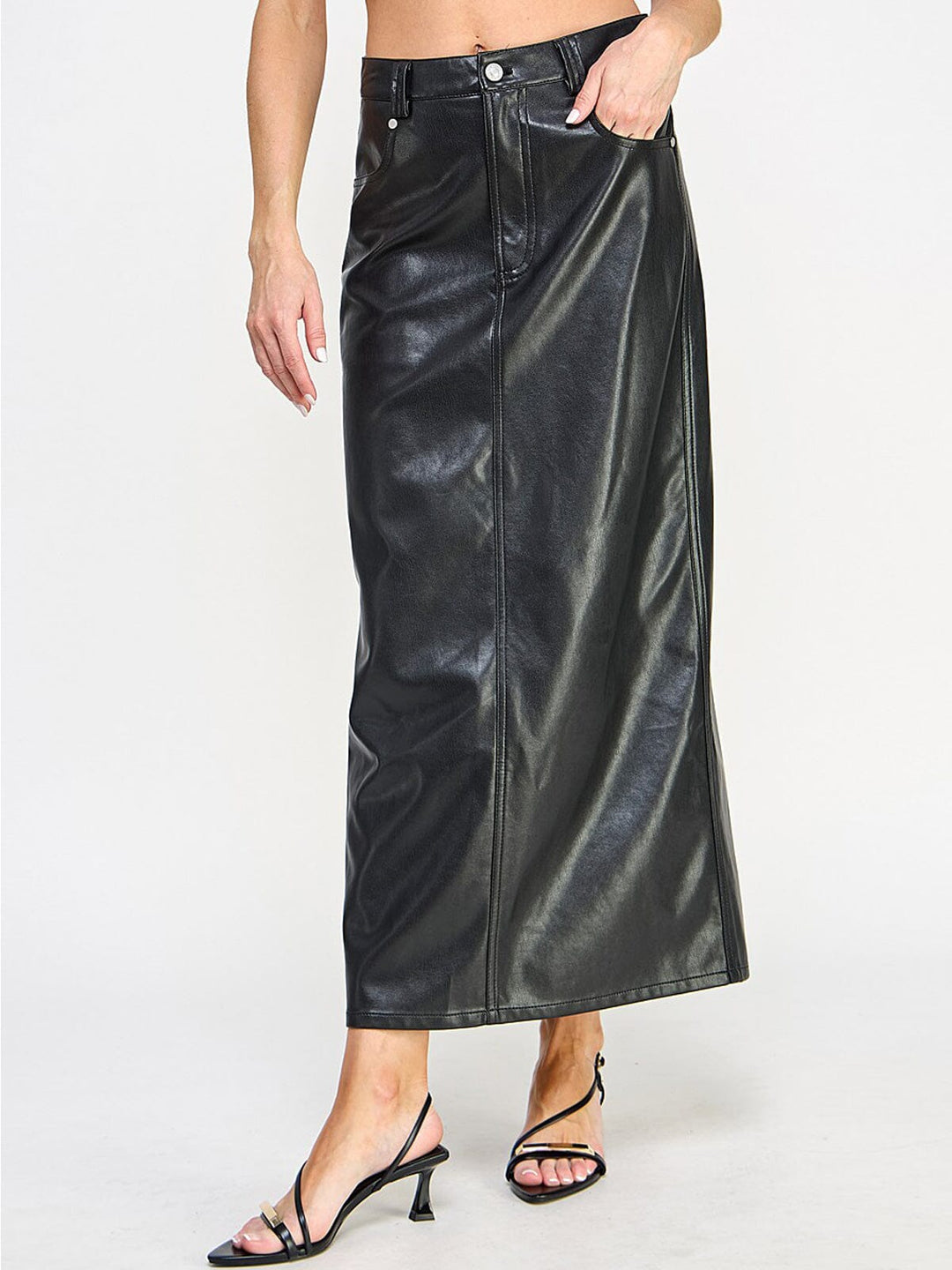 WOMEN'S BUTTON CLOSURE POCKETS FRONT SLIT PU PLEATHER MAXI SKIRT